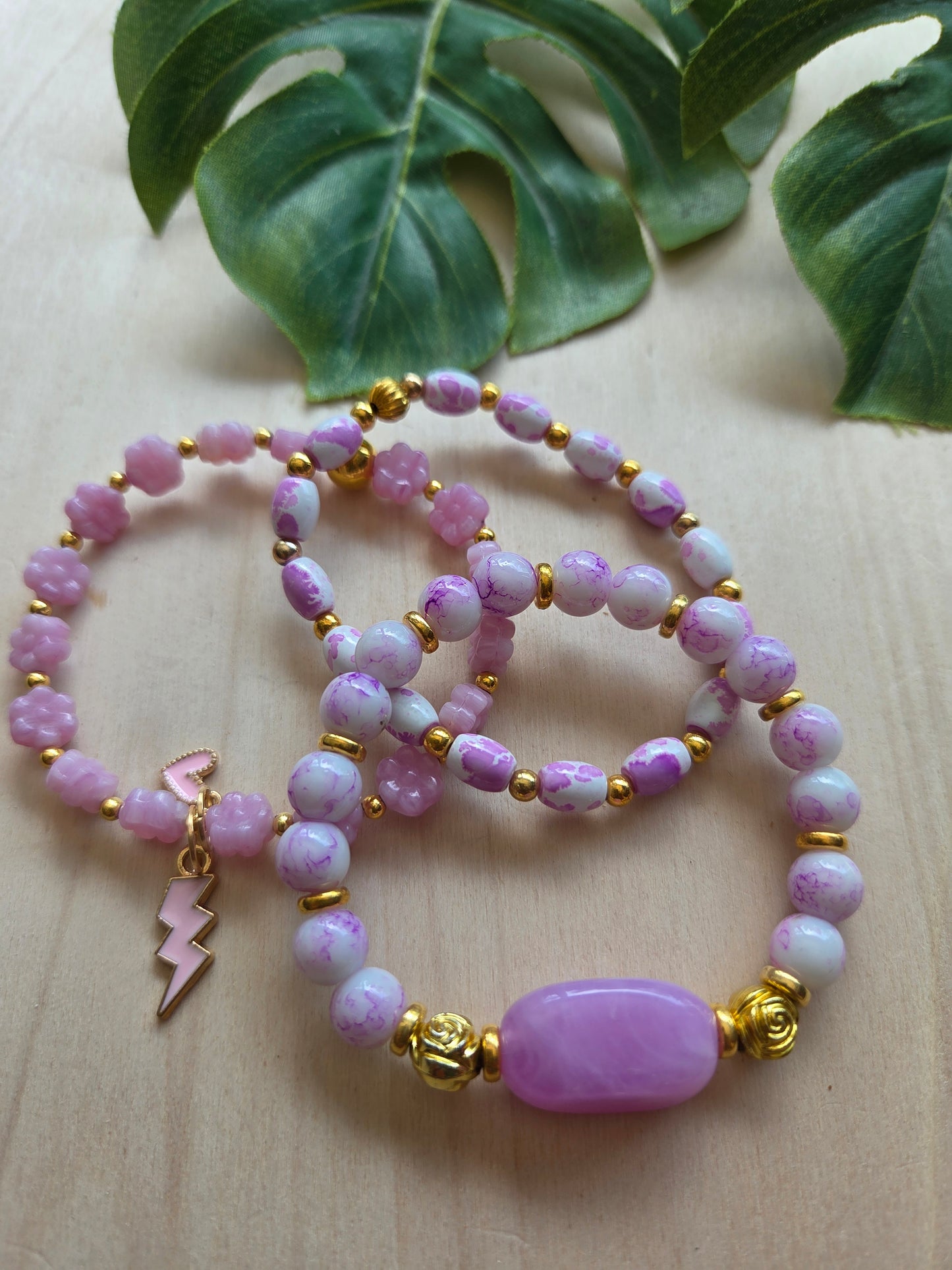 Armbänder Stein Rosa mit Anhänger 3 er Set