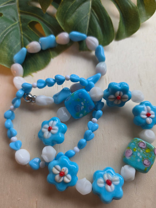 Armbänder 3erSet Perlen Blüten blau