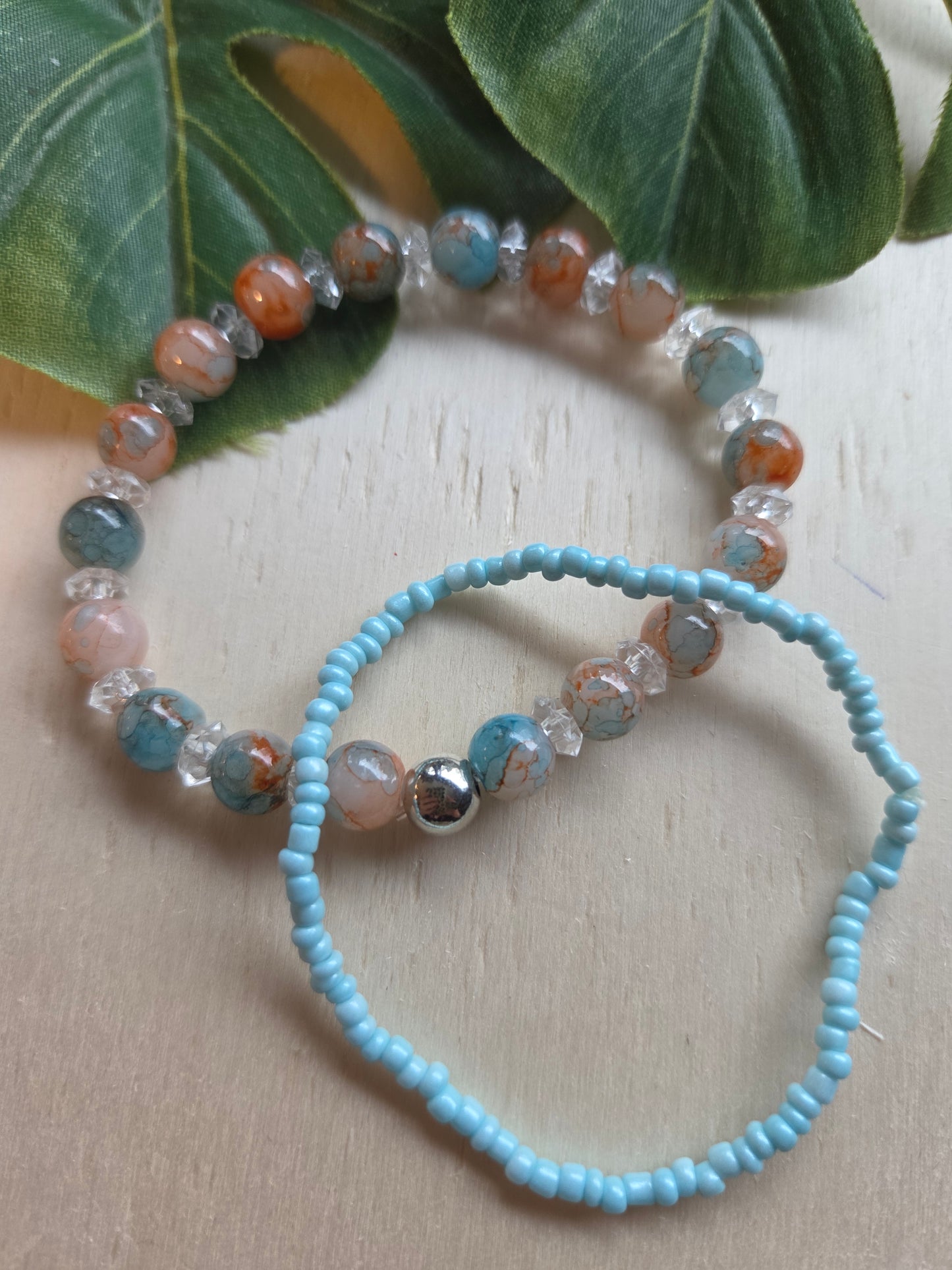 Armbänder 3er Set Perlen Natur  mit Glas blau