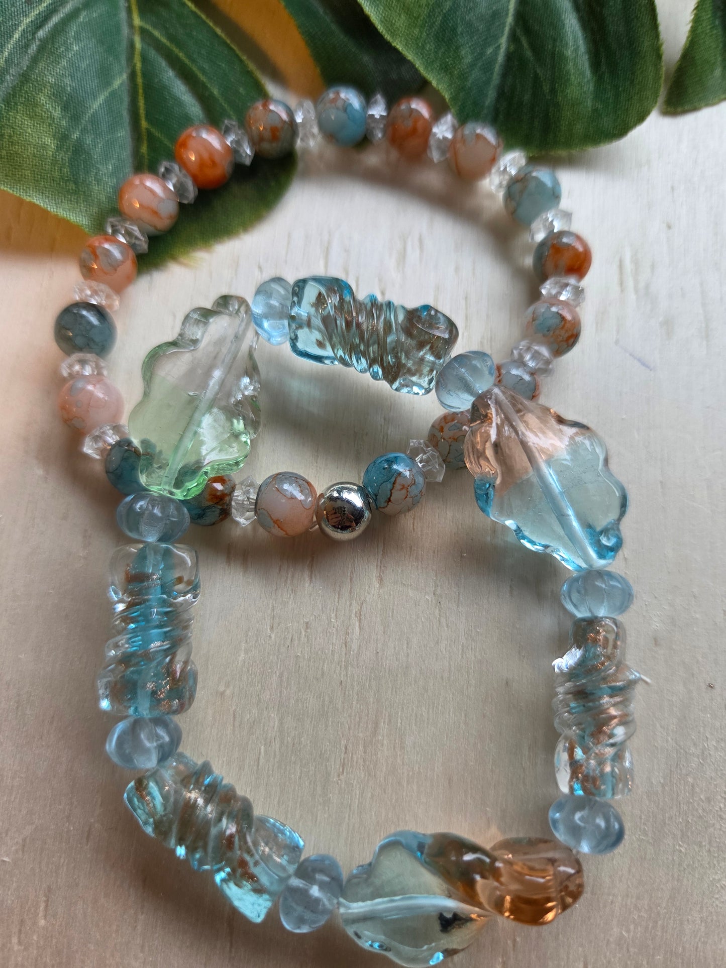 Armbänder 3er Set Perlen Natur  mit Glas blau