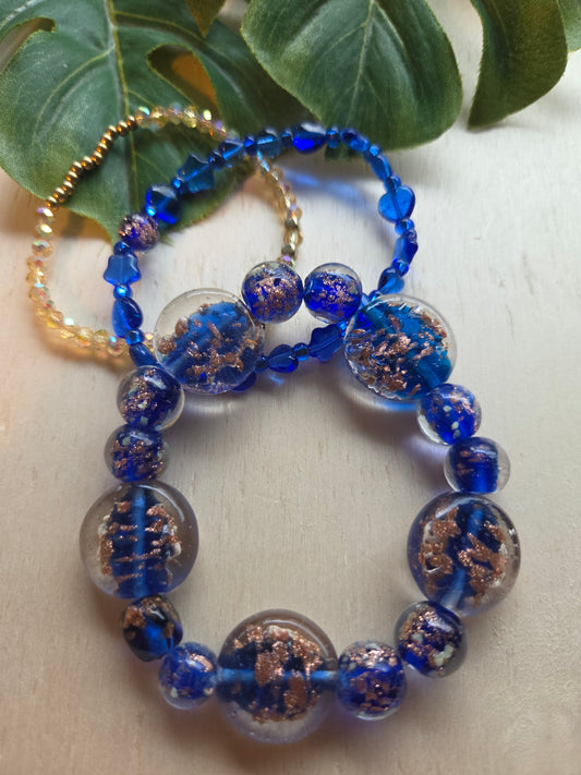 Armbänder 3er Set glas Perlen blau mit Goldmuster