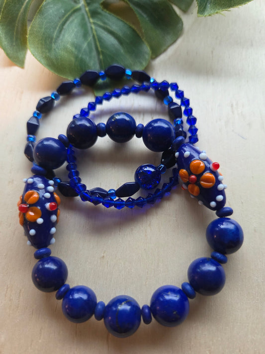 Armbänder 3er Set  Blau mit Blüten Perlen