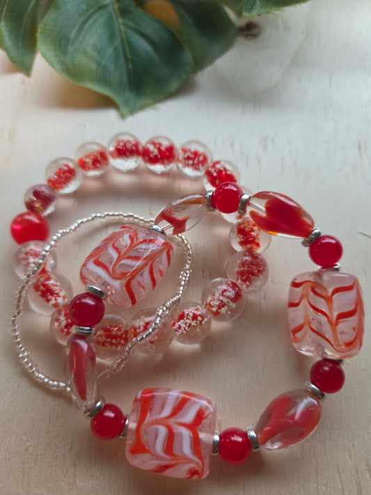 Armbänder 3er Set Perlen Klar/Rot