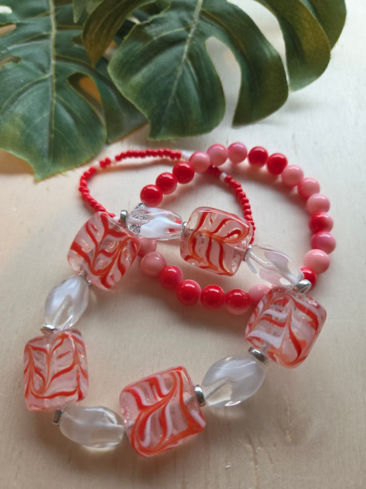 Armbänder 3er Set  Glas Perlen Rot/weiß