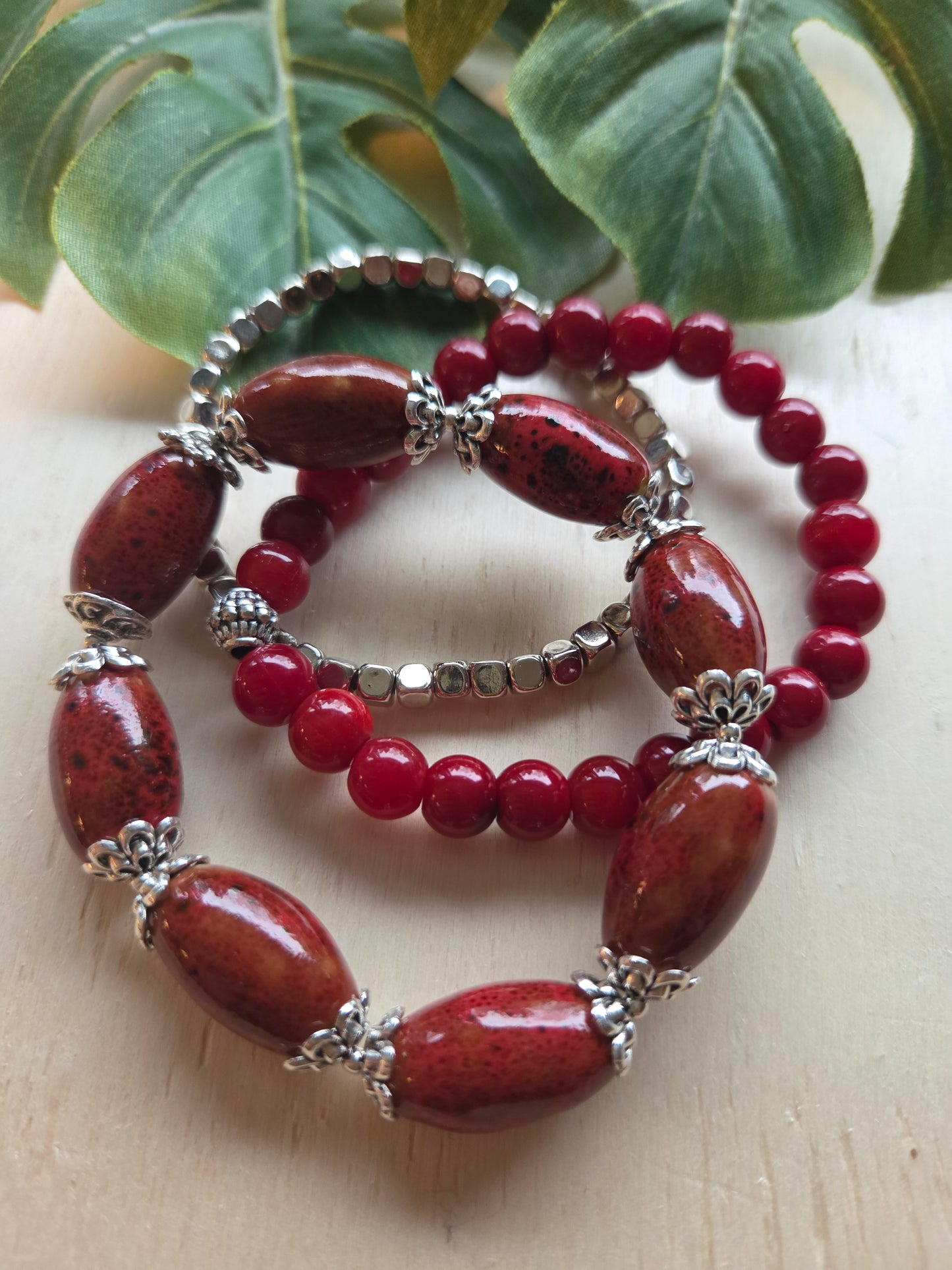 Armbänder 3er Set Perlen Rot