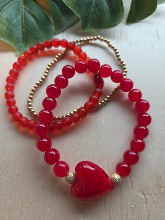 Armbänder 3er Set Rot Glas Herz