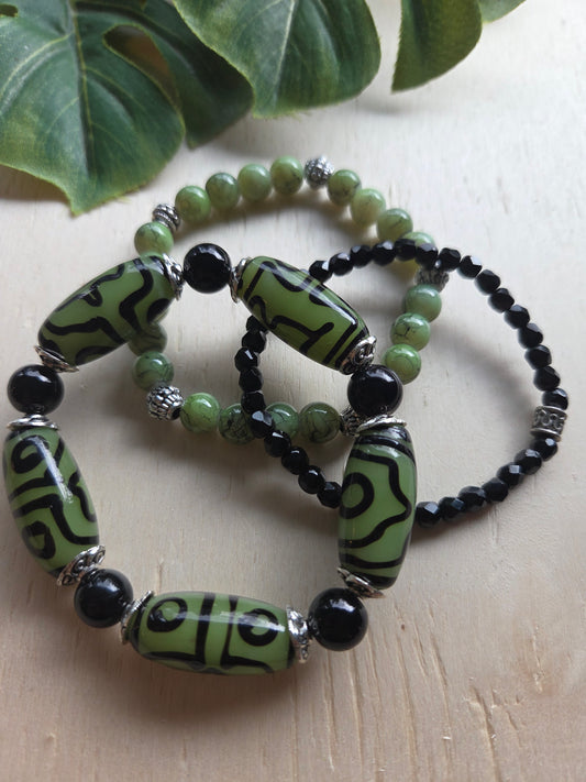 Armbänder 3er Set Große Perlen Oliv/schwarz