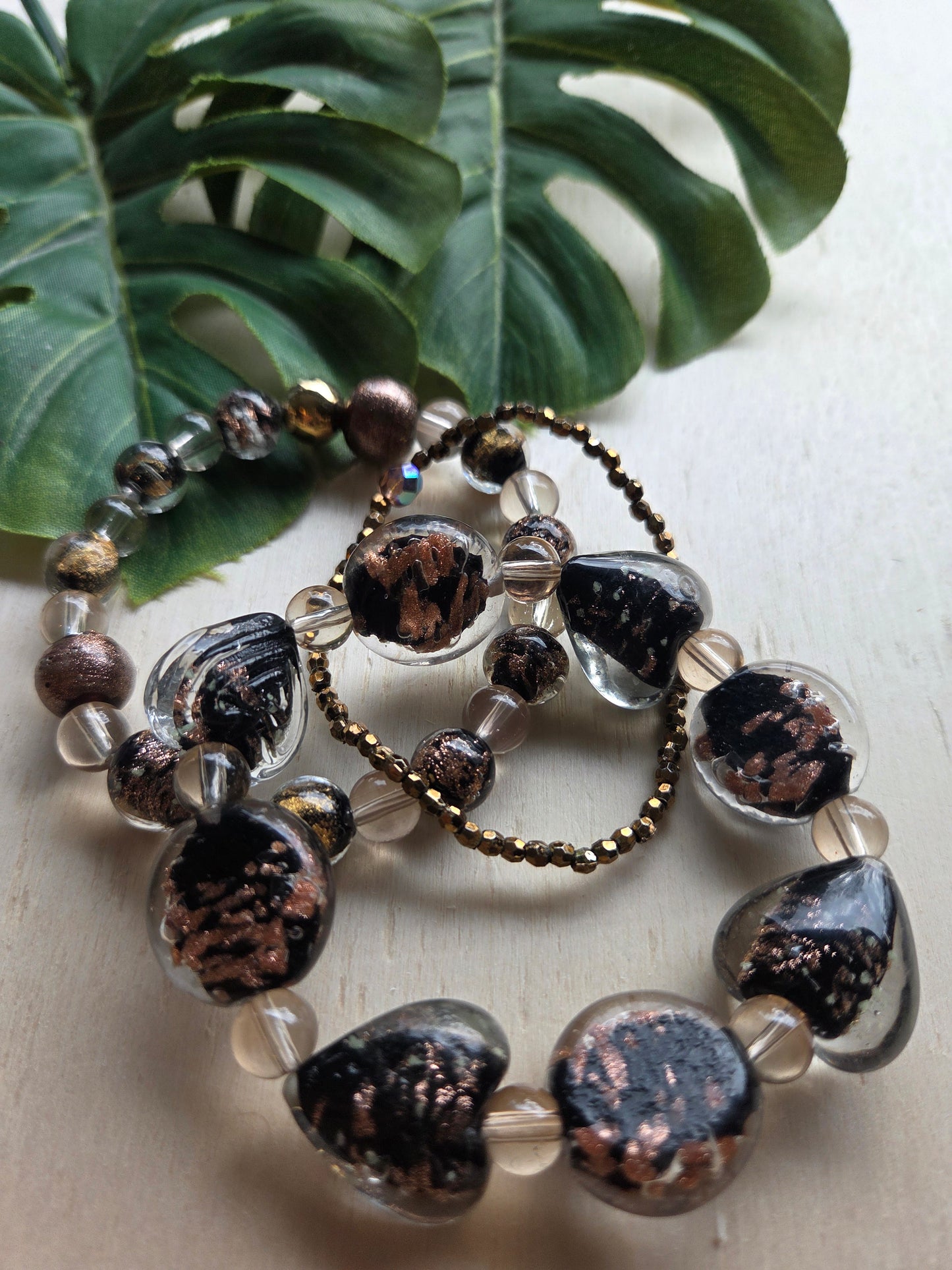 Armbänder 3er Set braun  mit Glas Herzen Gold/Braun