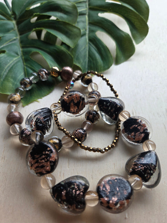 Armbänder 3er Set braun  mit Glas Herzen Gold/Braun