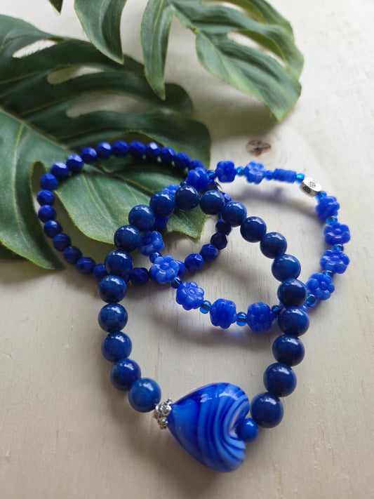 Armbänder 3er Set blau mit Glas Herz blau